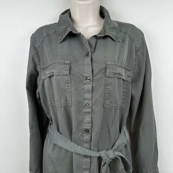 Evereve Peyton Shirt Dress Utility Dress Button Up Pockets Belted Olive Medium - Picture 4 of 12